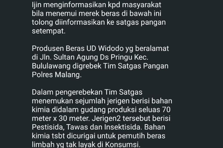 Hoaks Beras Kimia UD Widodo Beredar di WhatsApp, Begini Klarifikasi Satgas Pangan